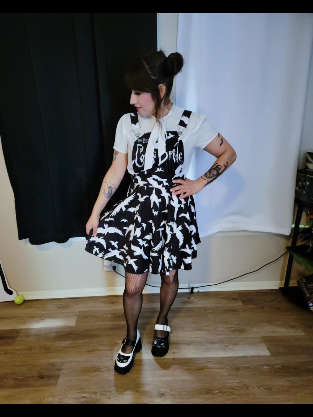 Corpse Bride ROMWE Birds Print Overall Dress Without Tee